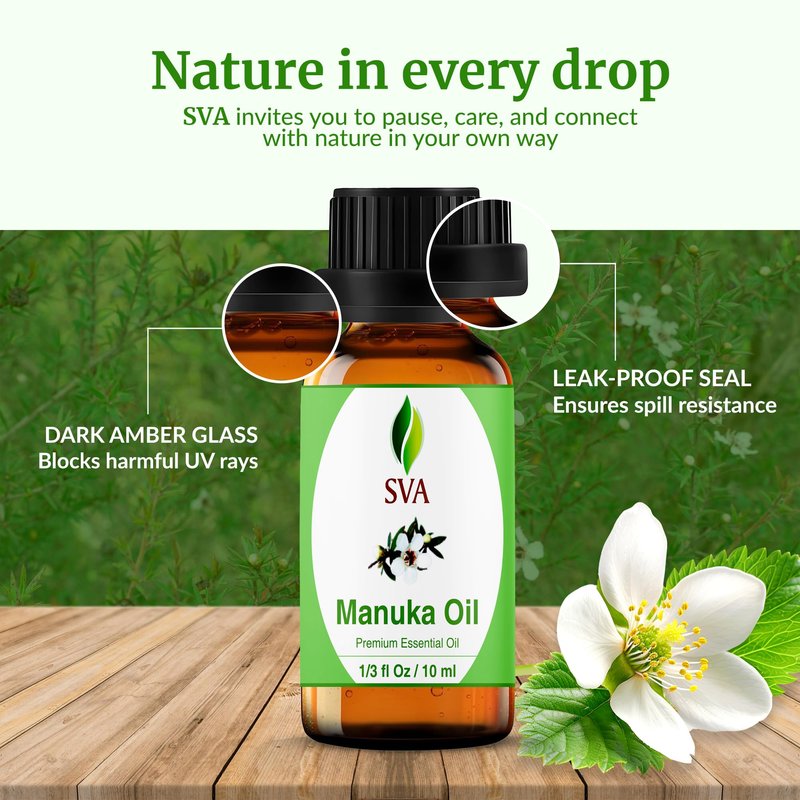SVA Manuka Essential Oil – 1/3 Fl Oz – 100% Natural Manuka Oil - for Diffuser, Hair Care, Face, Skin Care, Aromatherapy, Scalp and Body Massage, Soap and Candle Making