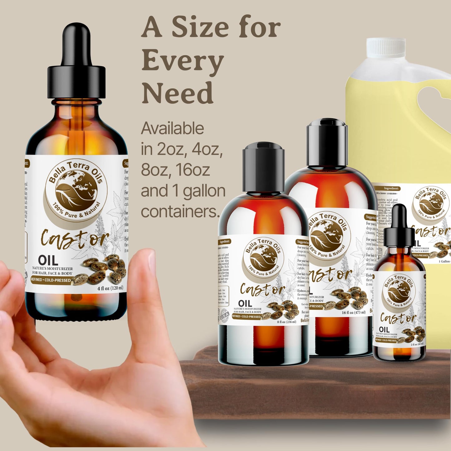 Bella Terra Oils - Natural Castor Oil 2oz Glass Bottle - Pure & Cold-Pressed, Rich in Stearic Acid for Skin & Hair Care