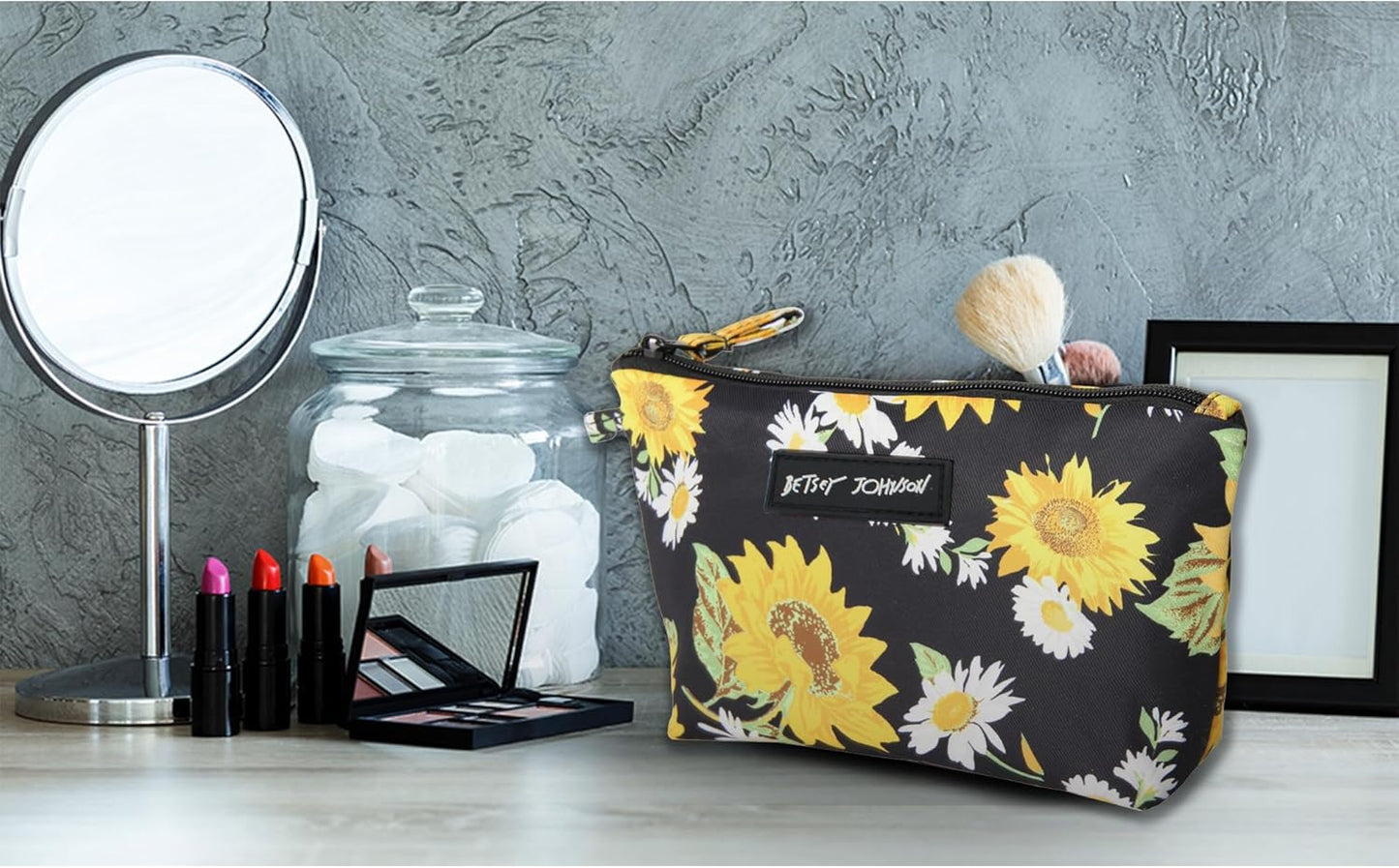 Betsey Johnson 8.5 Inch Zipper Cosmetic Pouch Small Toiletry Bag–Lightweight Durable Polyester Organizer with Inner Zipped Pocket Good For Makeup Accessories and Travel Needs (Covered Rose)