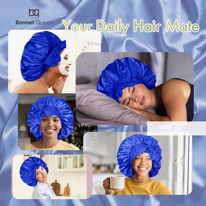 BONNET QUEEN Silk Satin Bonnet for Sleeping Women Adjustable for Curly Dryer Braid Wig Hair Tie Band Night Hat Cap Loc Soft Elastic Blue