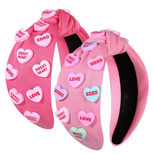 2PCS Valentine's Day Headband for Women Holiday Accessories Decorations Beaded Heart XOXO Candy Crystal Knotted Headband Valentines Festive Headwear Party Gifts (Valentines C)