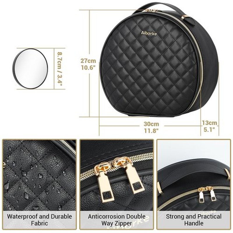 Aiborke Travel Makeup Bag with Led Mirror Makeup Case with Lighted Mirror Cosmetic Organizer bag with Adjustable Dividers and 10x Magnifying Mirror (Black-round)