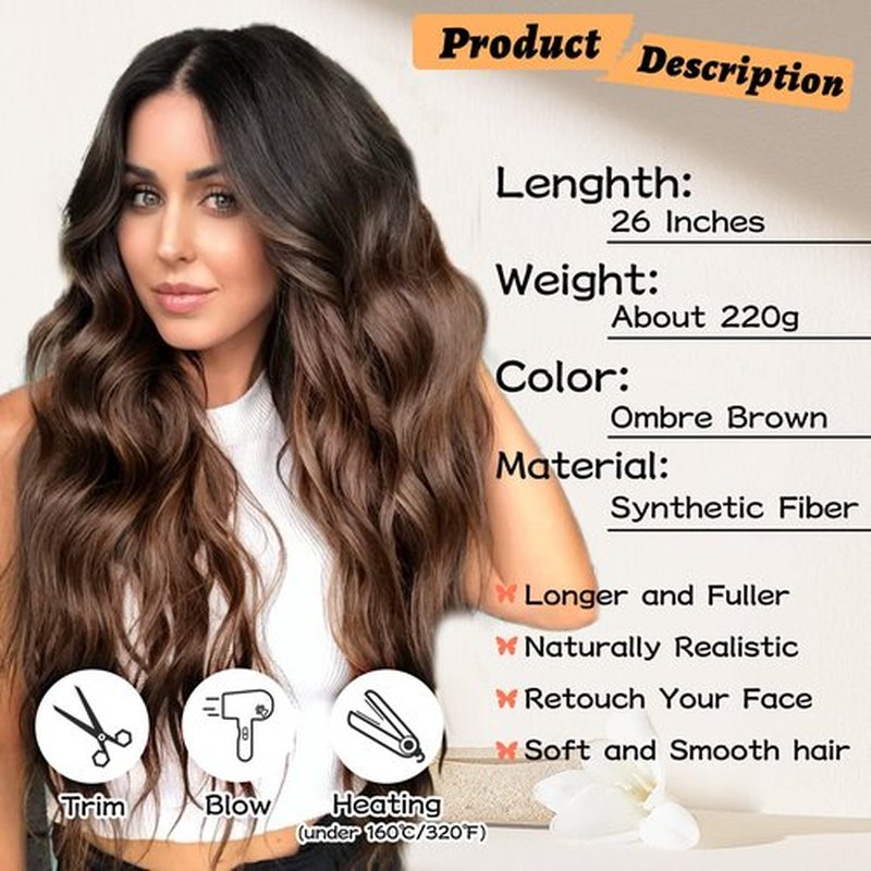 NAYOO Ombre Brown Wig 26 Inch Middle Part Wigs for Women Synthetic Hair Long Wavy Wig with Dark Roots for Daily Party/Halloween Use (Ombre Brown)