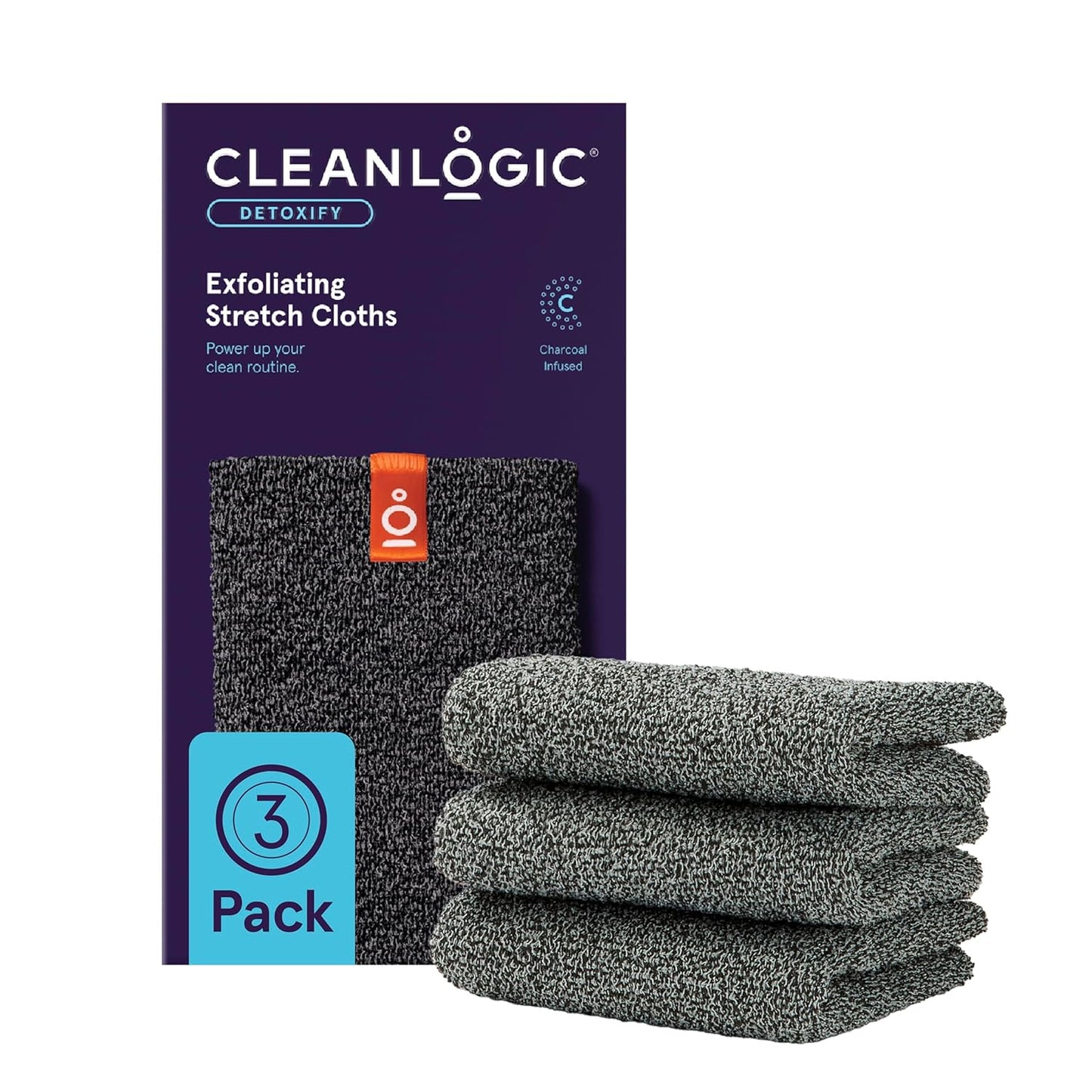 Cleanlogic Body Exfoliating Cloth, Stretchy Organic Sustainable Cotton Exfoliator Bath and Shower Washcloths, Reusable Daily Skincare Tool, 3 Count