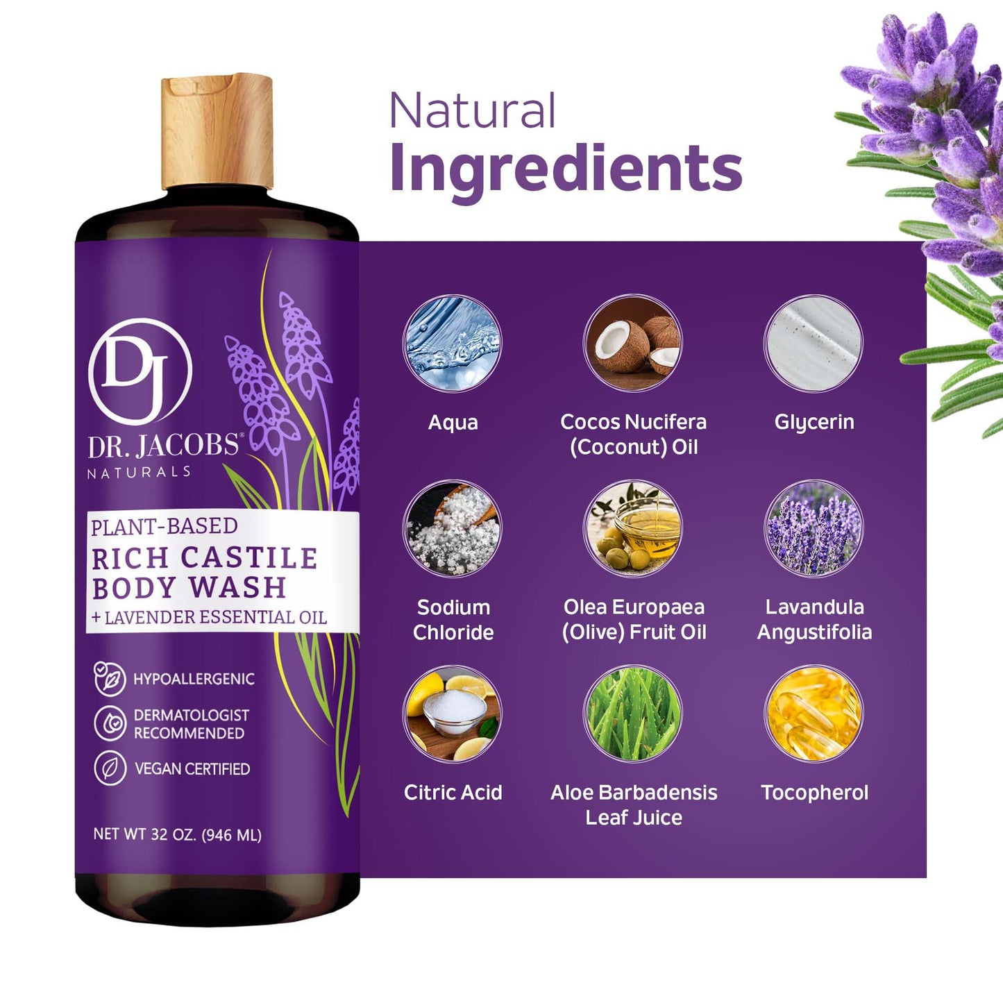 DR. JACOBS NATURALS Castile Lavender All-Natural Body Wash for Moisturizing Dry and Sensitive Skin Shampoo with Plant-Based Ingredients Gluten, Preservatives-Free Formula - 32 oz, Pack of 1