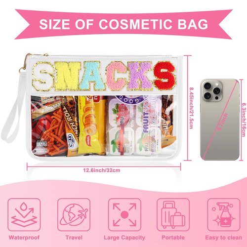 TESAFNG Snack Bag for Travel - Clear Chenille Varsity Letter Flat Pouch with Zipper, Waterproof Clear PVC&PU Preppy Patch Makeup Cosmetic tote Bags for Women Girls (White-Snacks)