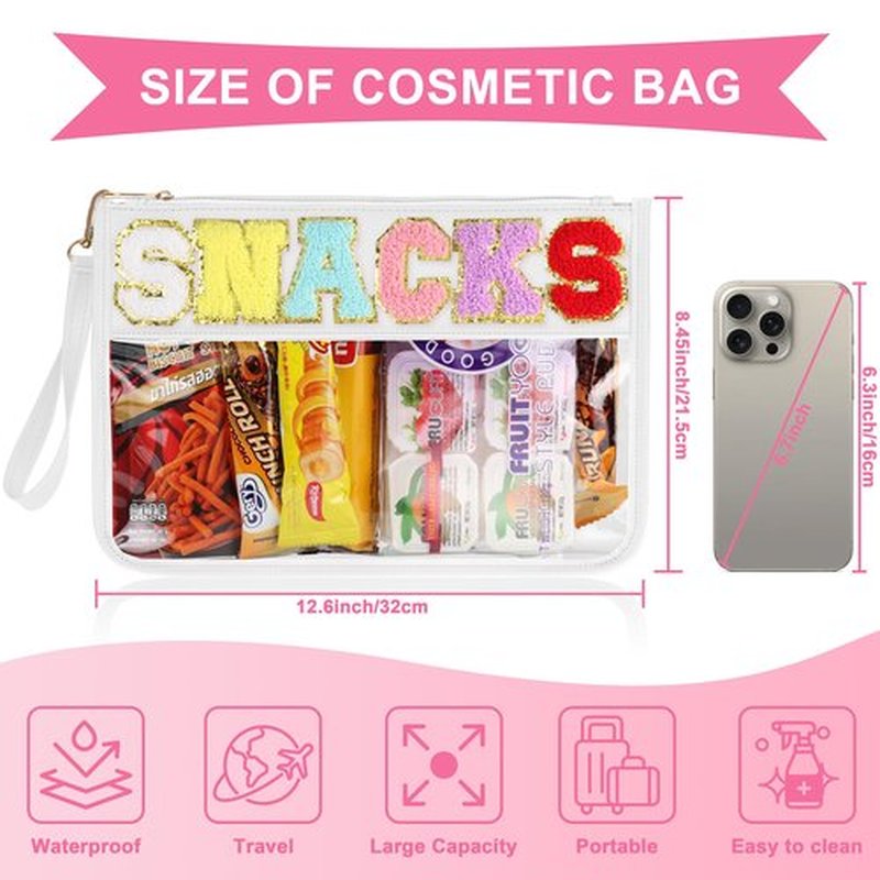 TESAFNG Snack Bag for Travel - Clear Chenille Varsity Letter Flat Pouch with Zipper, Waterproof Clear PVC&PU Preppy Patch Makeup Cosmetic tote Bags for Women Girls (White-Snacks)