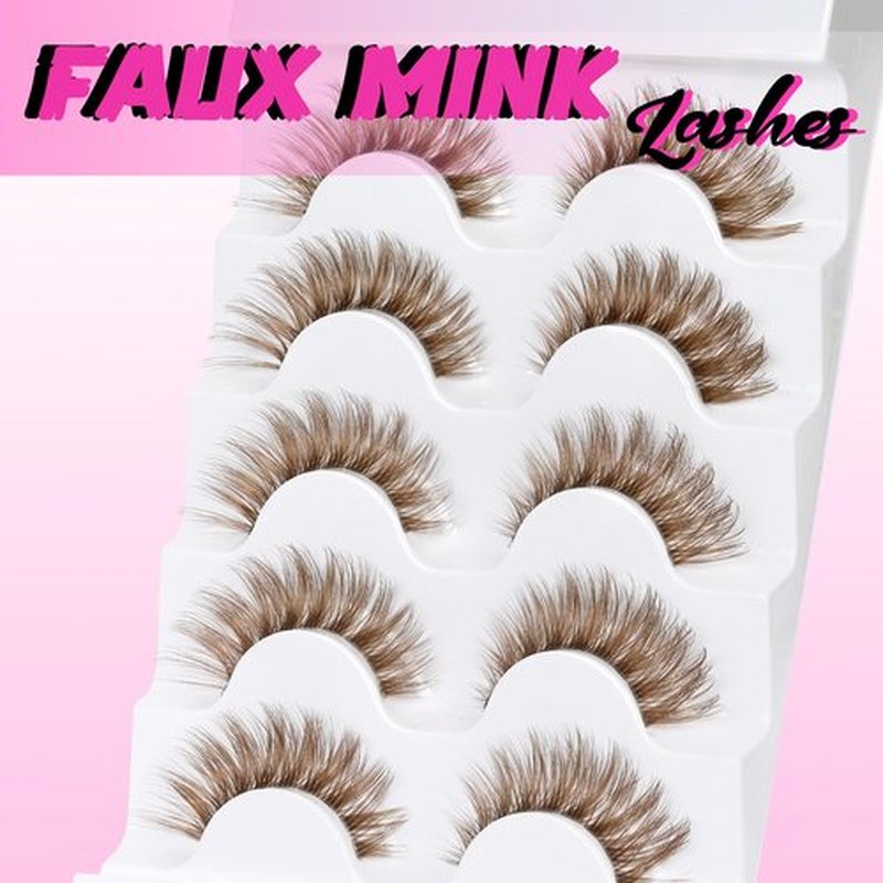 Veleasha Brown Lashes Cat Eye Lashes Wispy Faux Mink Lashes 100% Handmade Natural Look False Eyelashes with Clear Band Lightweight Fluffy False Eyelashes 5 Pairs Pack(Brown02)