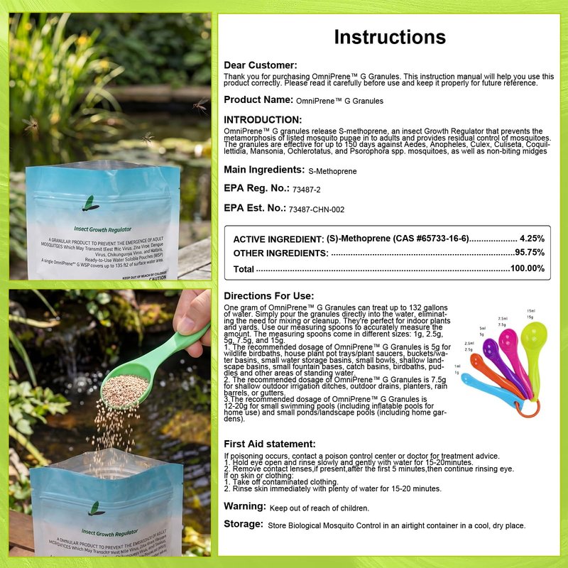 OmniPrene Mosquito Larvae Pouches Dissolves in Water with Measuring Spoon Treats Up to 46200 Gallon 4.25% S-Methoprene IGR Biological Control Won't Harm Fish Bird EPA Certified Rain Bath Pool 350g
