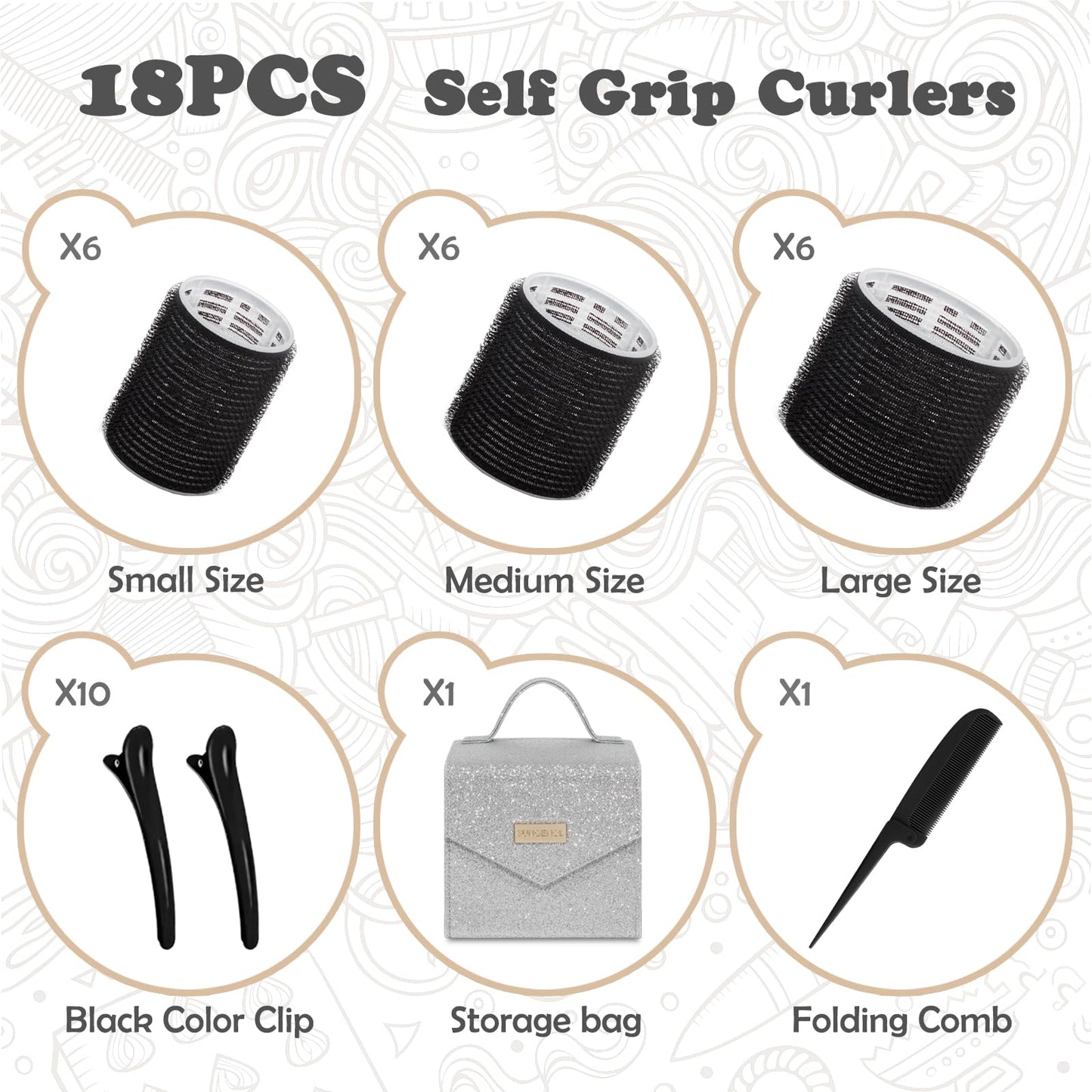 Sungenol 3 Sizes Hair Roller Set with 18 Pieces - Heatless Self-Grip Rollers, Hair Clips, Comb for DIY Salon Hairstyles