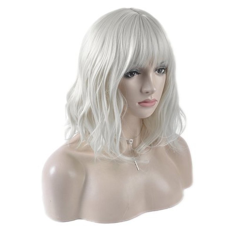 DAOTS 14 Inches Curly Wigs with Bangs for Women Girls Heat Resistant Synthetic Hair Wig (Silver White)