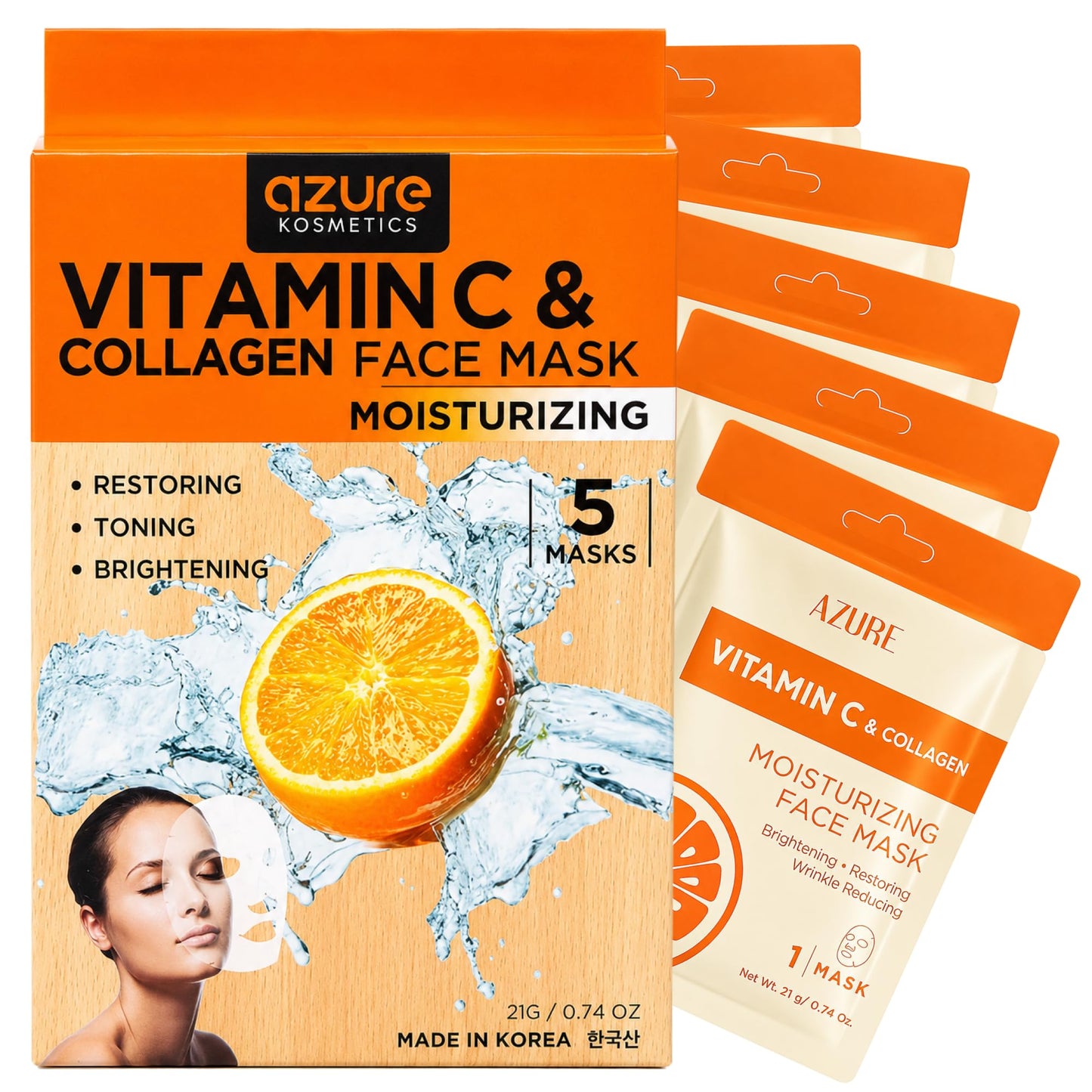 Vitamin C & Collagen Korean Sheet Masks, Dermatologist Tested - 5 Pack