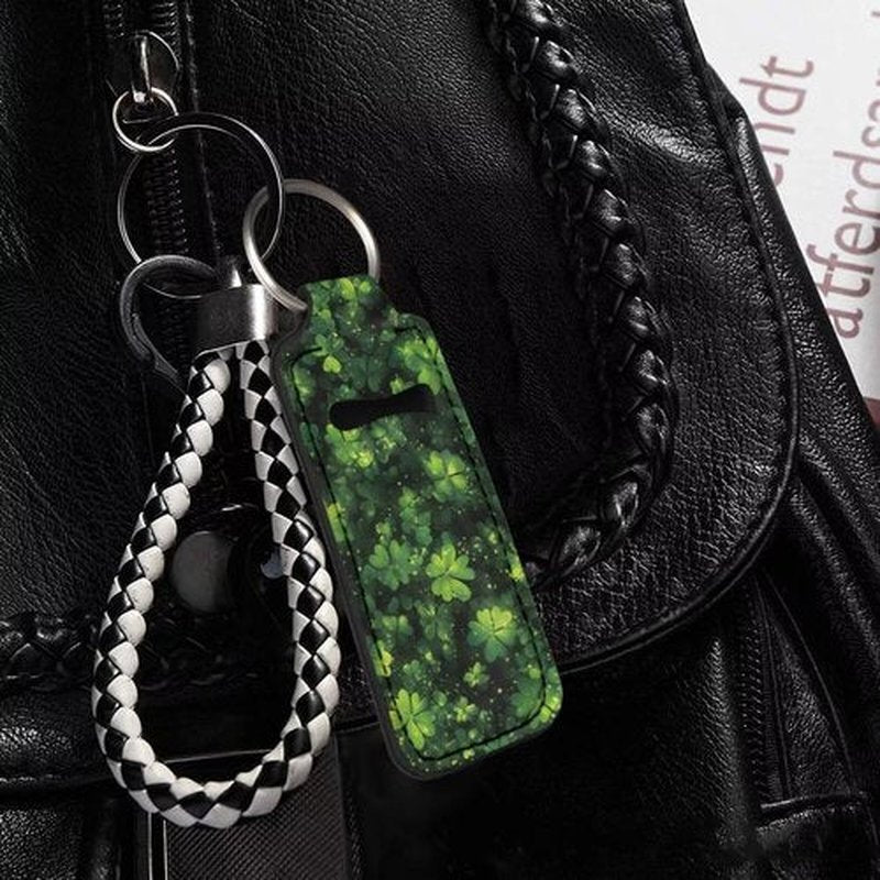 SEANATIVE St. Patrick's Day Green Leaf 5 Pieces Lipstick Keychain Holder Lip Balm Holder Keychain Clip on Sleeve Chapstick Lip Gloss Holder Colorful Lipstick Pocket Keychain Bag Accessories for Women