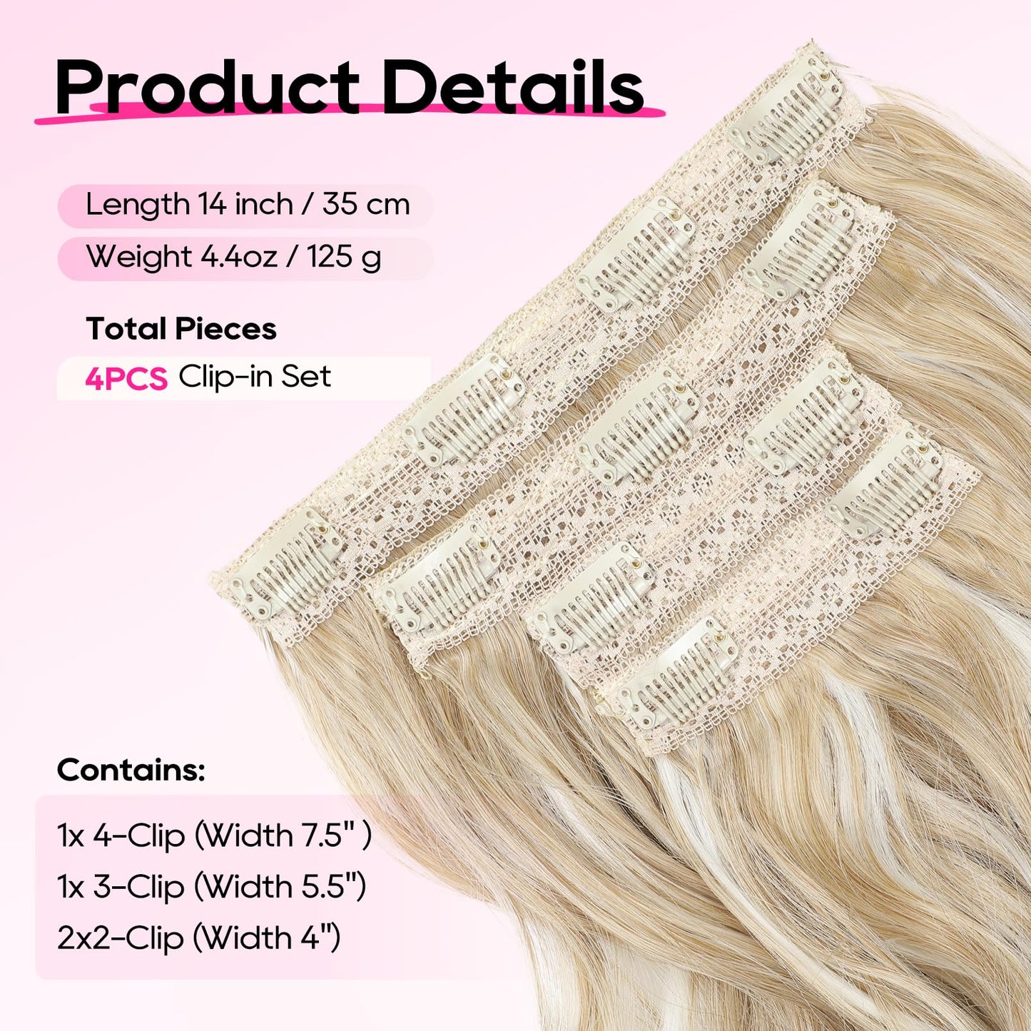 REECHO Hair Extensions, 4PCS Clip in Hair Extensions 14" Short Beach Wavy Hair Extensions Invisible Lace Weft Natural Soft Hairpieces for Women – Ash Blonde with Highlights