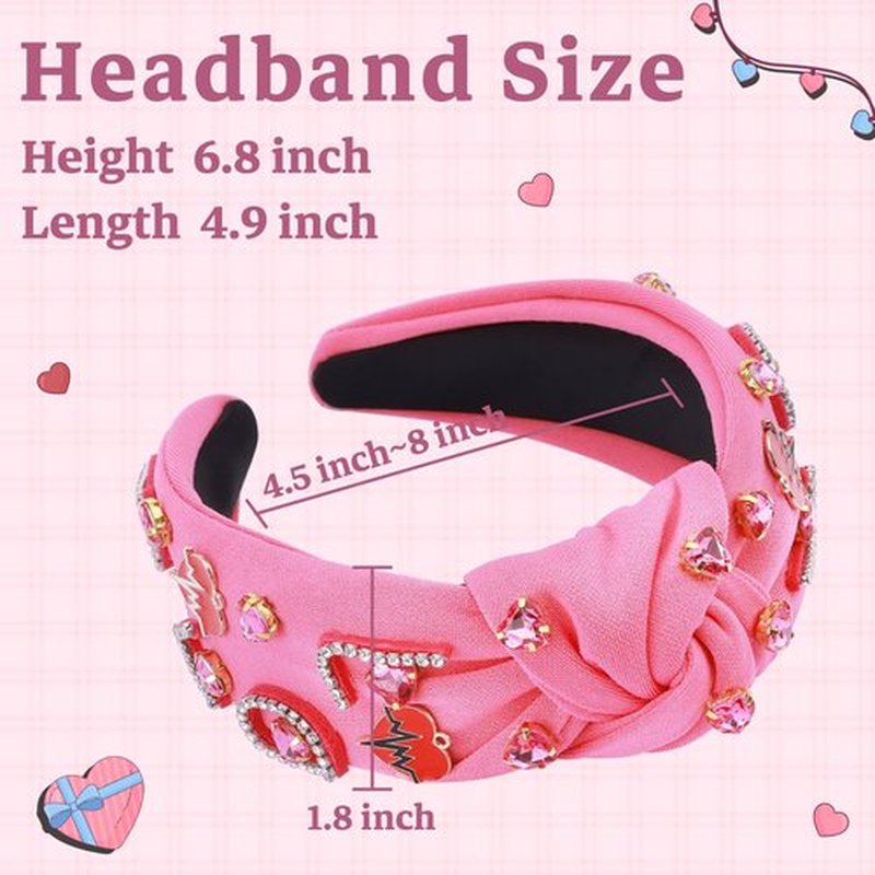 MOSOTECH Love Crystal Headband for Women, Rhinestone Love Heart Knotted Headbands Jeweled Wide Top Knot Hairband Hair Accessories for Valentine's Day Birthday Gifts (RosePink)