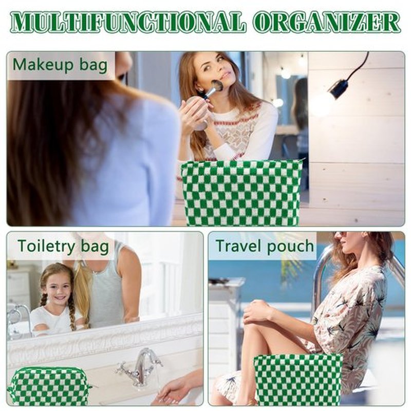 ZLFSRQ 2Pcs Checkered Makeup Bag for Women Large Cosmetic Bag Set Travel Toiletry Bag Makeup Pouch Bag for Purse Green Zipper Storage Bag Organizer Cute Small Aesthetic Girls Car Essentials Bag