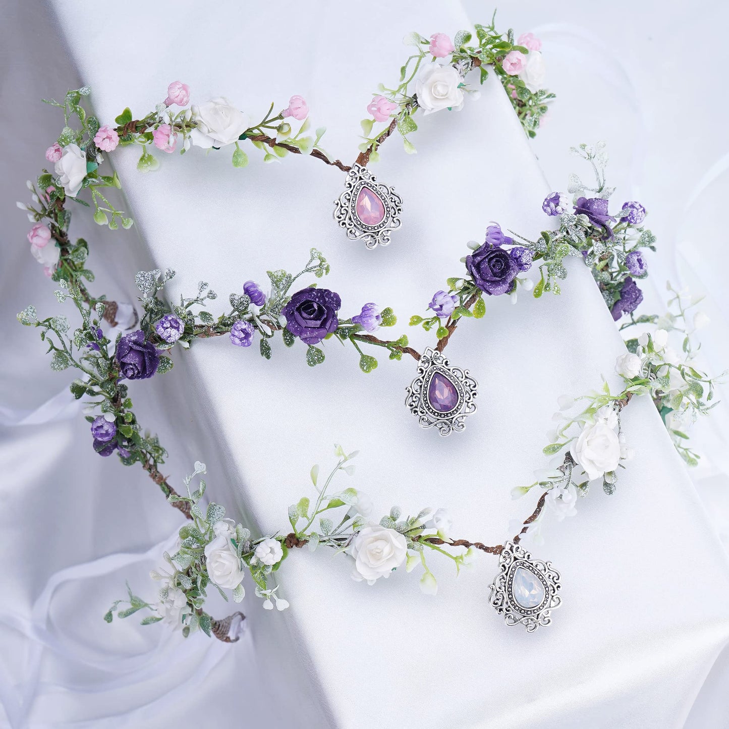 MOSTORY Woodland Fairy Flower Crown Girl - Floral Elf Headpiece with Crystal V-shape Elven Tiara Handmade for Women Bridal Variable Size Wreath Headband for Cosplay Halloween Christmas Party Wedding
