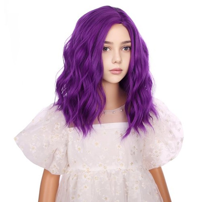 DUDUWIG Kids Dark Purple Wig Girls Short Purple Side Part Wig Child Dark Purple Wavy Curly Wig for Dress Up Party Cosplay Synthetic Wigs Hairnet Include