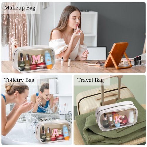 YOOLIFE Initial Make Up Bag Travel Toiletry Bag, Clear Makeup Bag Preppy Cosmetic Bags Organizer Travel Essentials Pink Gifts for Women Teen Girlfriend Teacher Mom Brithday Small Makeup Bag White A