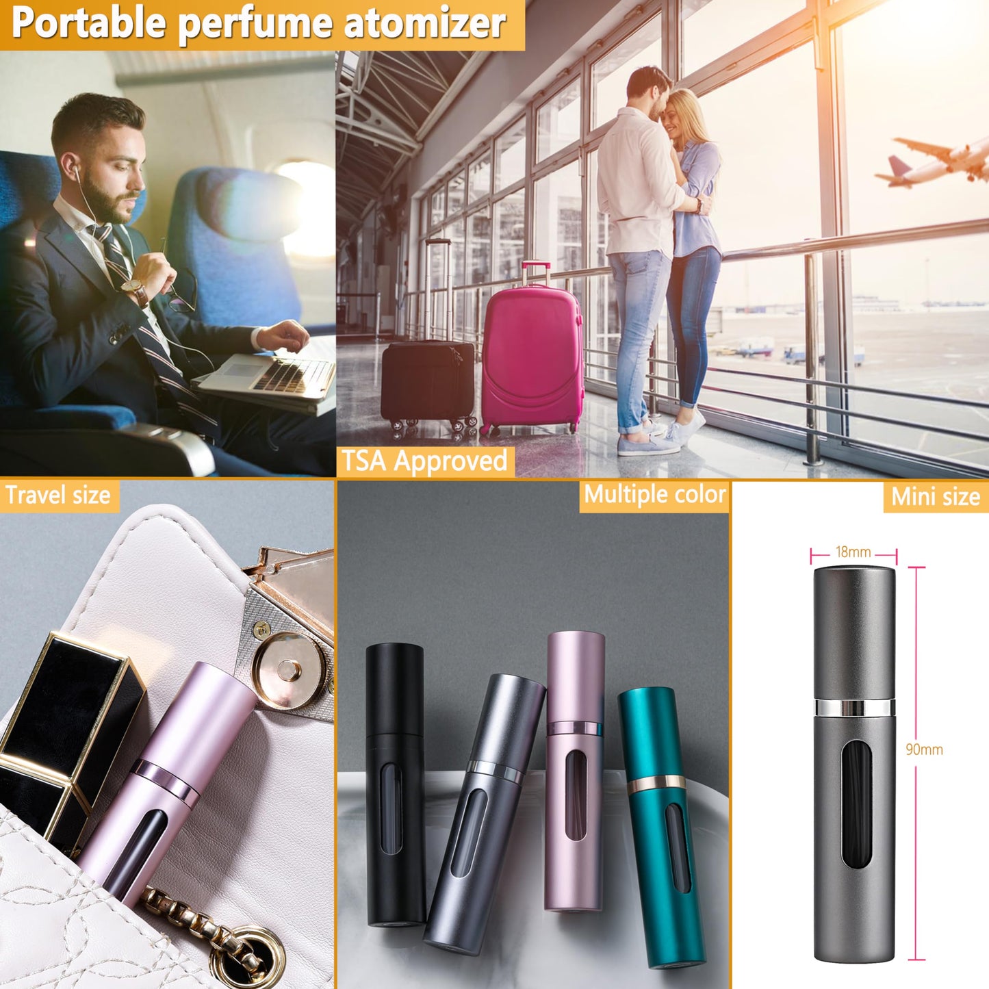 ANTOKX Perfume Travel Refillable Bottle - 3-Pack 5ML Pocket Perfume Atomizer, Travel Perfume Atomizer Refillable Perfume Spray Bottle, Portable Perfume Sprayer (Black & Gray & Silver)