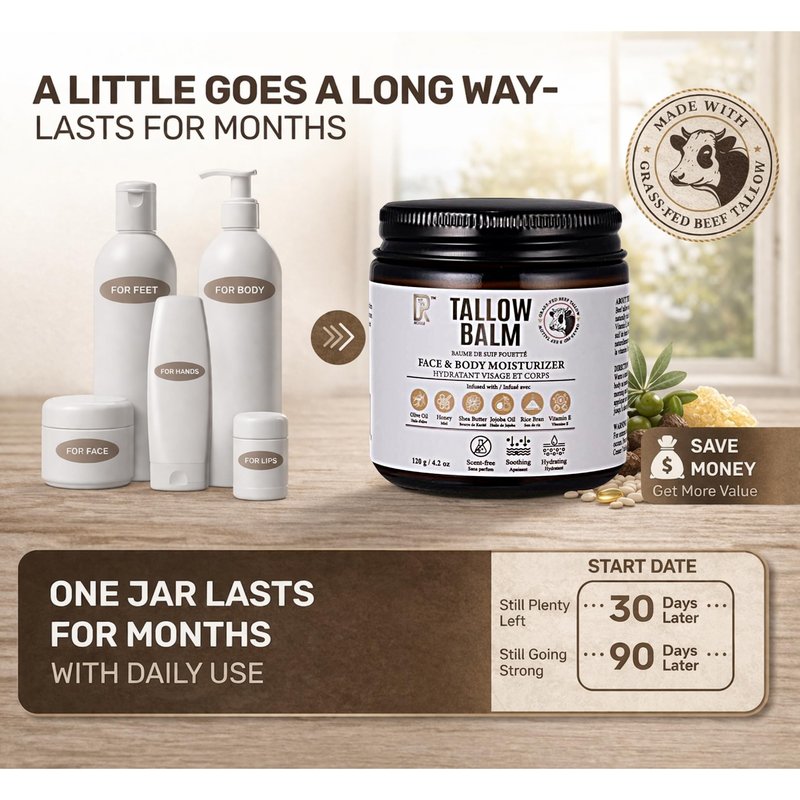 DRMOOSE – Beef Tallow and Honey Balm for Face & Body, Grass-Fed Moisturizer for Dry & Sensitive Skin, Hydrating Body Butter, Unscented, 120 g / 4.2 oz