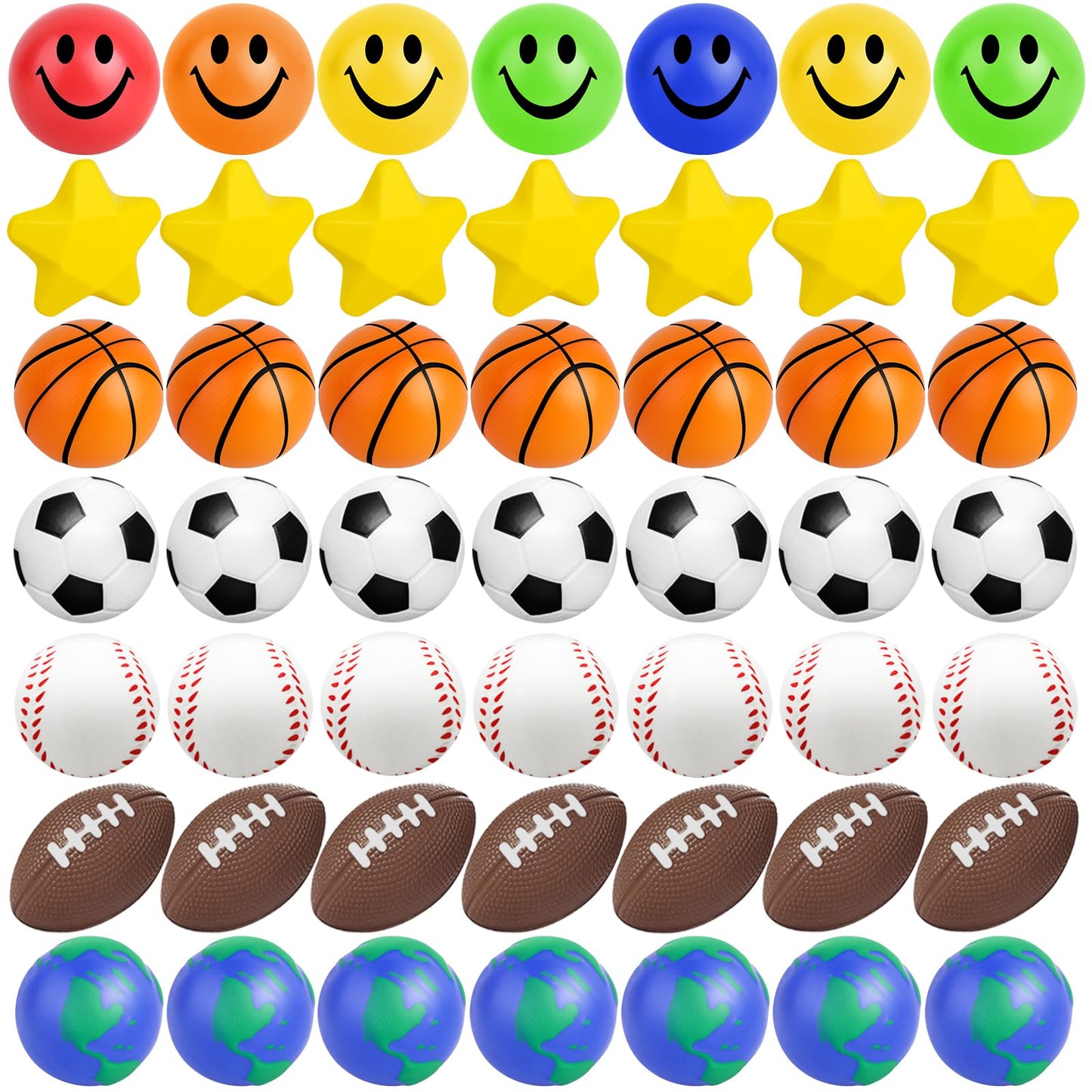 60 Pcs Sports Balls Bulk Kids Small Mini Stress Ball for Party Favor Toy, Including Basketball, Baseball, Football, Globe, Soccer, Star, Smile for Stress Relief School Prizes Carnival Fillers Gift