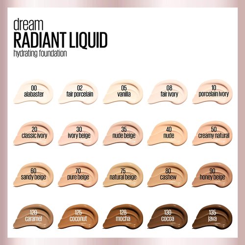 Maybelline Dream Radiant Liquid Medium Coverage Hydrating Makeup, Lightweight Liquid Foundation, Fair Ivory, 1 Count