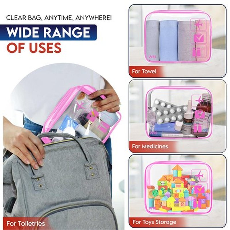 VYRL 2 Pack Clear Makeup Bag - Quart Size 3-1-1 TSA Approved Toiletry Bag with Zipper - Water-Resistant Durable PVC Clear Toiletry Bag for Carry-on Airport Travel Accessories - Rose Pink