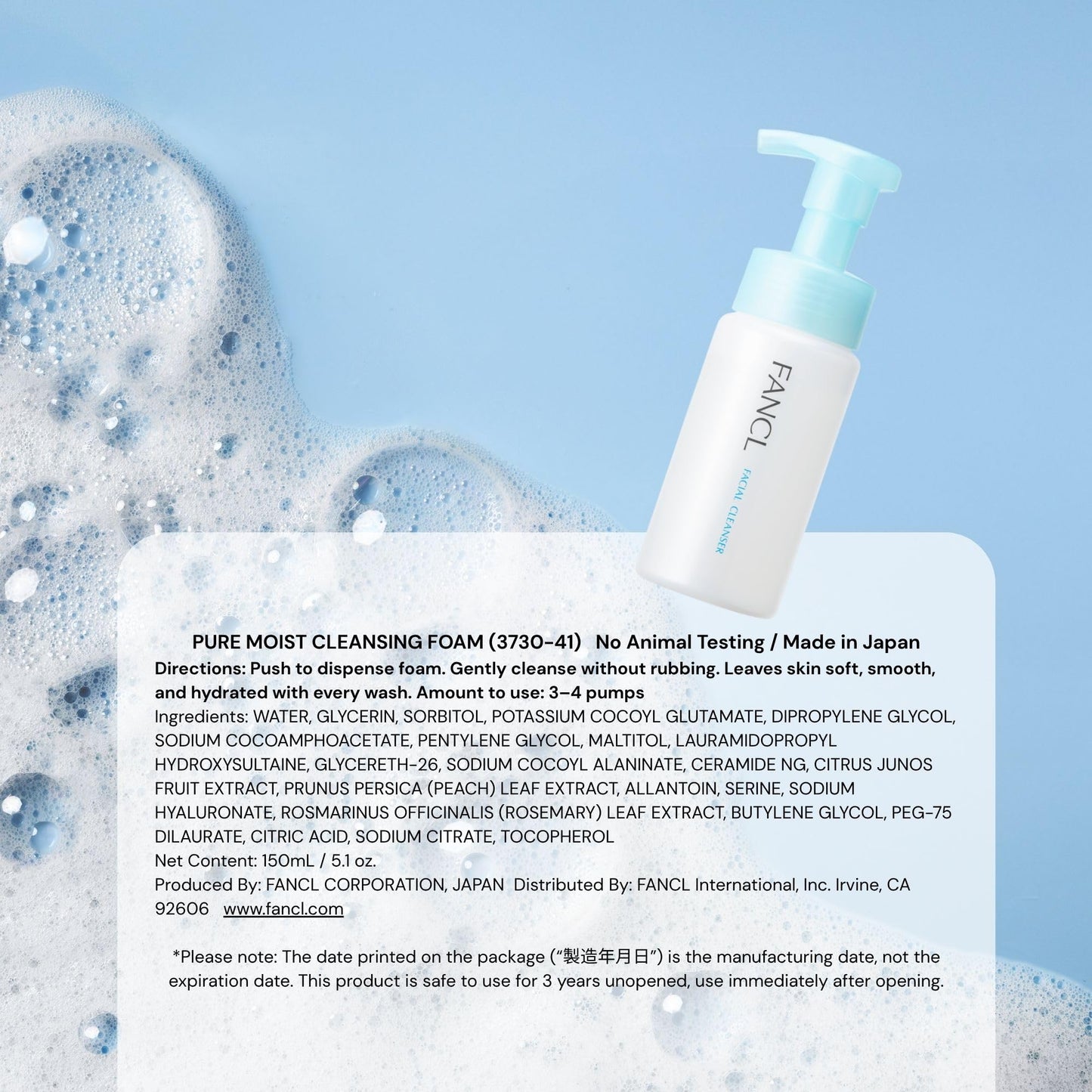 FANCL Pure Moist Cleansing Foam – Japanese Additive-Free Face Wash with Rich Foaming Lather, Hydrating & Gentle Facial Cleanser for All Skin Types