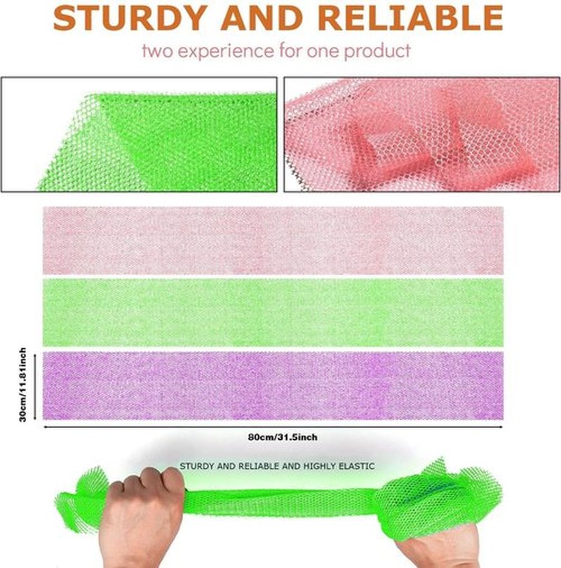 UJFQBH 3 Pieces African Bath Sponge African Net Long Net Bath Sponge Exfoliating Shower Body Scrubber Back Scrubber Skin Smoother,Great for Daily Use (Purple, Pink,Green)
