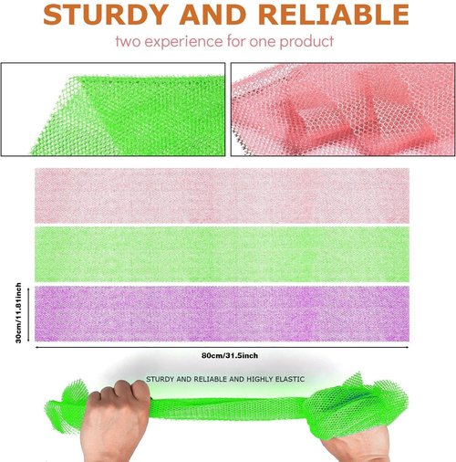 UJFQBH 3 Pieces African Bath Sponge African Net Long Net Bath Sponge Exfoliating Shower Body Scrubber Back Scrubber Skin Smoother,Great for Daily Use (Purple, Pink,Green)