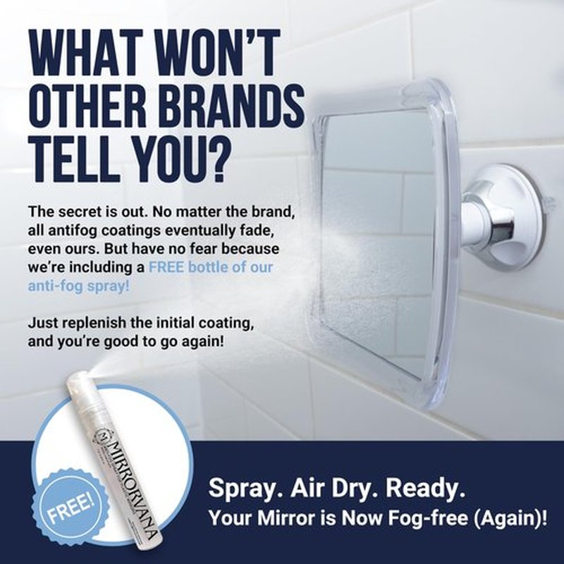 MIRRORVANA Fogless Shower Mirror for Shaving with Upgraded Suction, Anti Fog Shatterproof Surface and 360° Swivel - 6.3" x 6.3"
