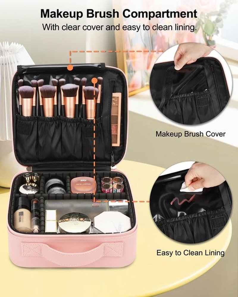 Relavel Travel Makeup Train Case Makeup Cosmetic Case Organizer Portable Artist Storage Bag with Adjustable Dividers for Cosmetics Makeup Brushes Toiletry Jewelry Digital Accessories (Pink)