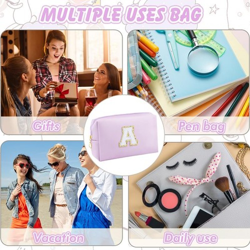 URSKYTOUS Gifts for Girls Initial Makeup Bag Personalized Cosmetic Bag with Zipper Cute Travel Toiletry Bag Waterproof PU Preppy Makeup Pouch Birthday Gift for Teen Girls Women(Purple A)