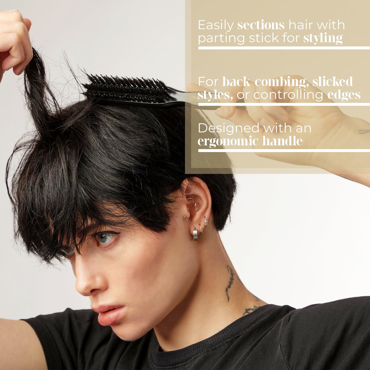 SALLY HERSHBERGER Teasing Brush - Premium, Salon-Tested Teasing, Back-Combing, Slicking, and Edge Control Tool - Dual-Ended With Bristle Brush and Parting Stick - For Thick Through Fine Hair - 1 pc