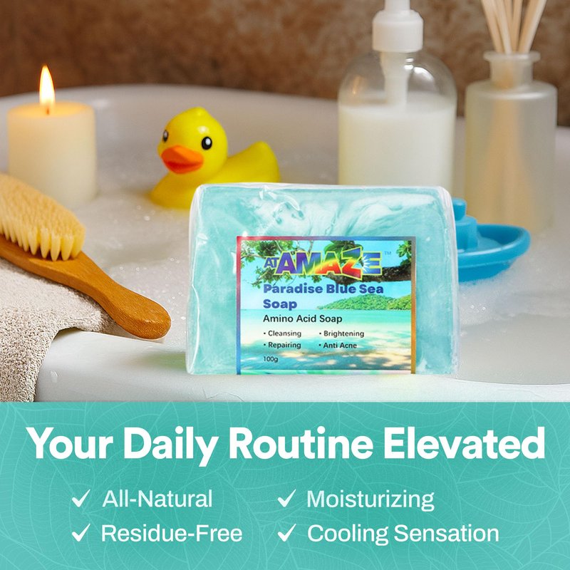 ATAMAZE Paradise Amino Acid Organic Soap Bar, Moisturizing, Residue-Free Refreshing Cleanser, Cooling & Invigorating Bath Natural Soap for Women, Men & Kids with Plant-Based Oils, 100g Blue Sea