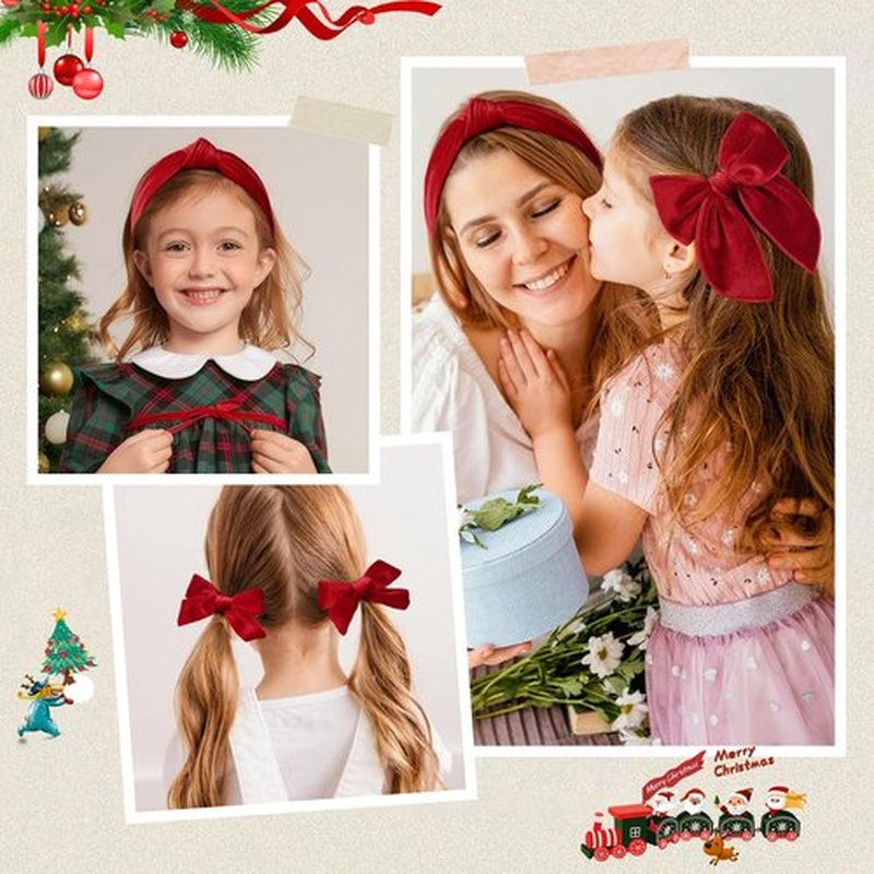 DEEKA Velvet Hair Bows & Knotted Headband & Scrunchy Fable Hair Bow Headband Set Velvet Scrunchies Alligator Clips for Toddler Girls Hair Accessories for Women and Girls (Red)