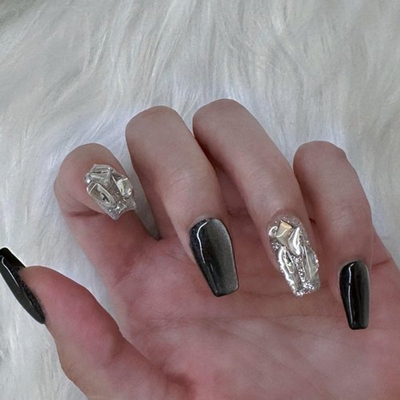 Lurenia • Lxssie Handmade Press On Nails - Reusable Cat Eye Black & Silver Shades with Sparkling Rhinestones, Designer Nail Art Set for Women (SMALL-Cat Eye Black, )