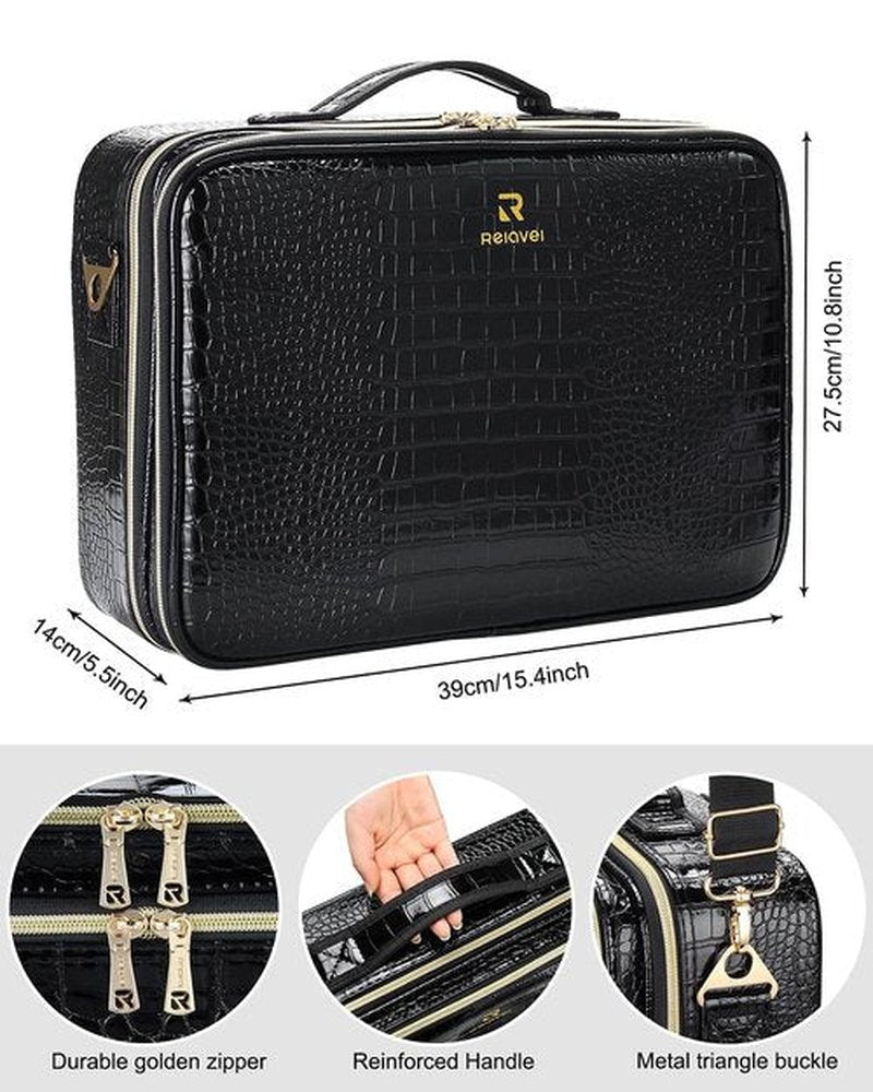Relavel Makeup Case Large Makeup Bag Professional Train Case 16.5 inches Travel Cosmetic Organizer Brush Holder Waterproof Makeup Artist Storage Box, Large Capacity (Crocodile Pattern, Large)