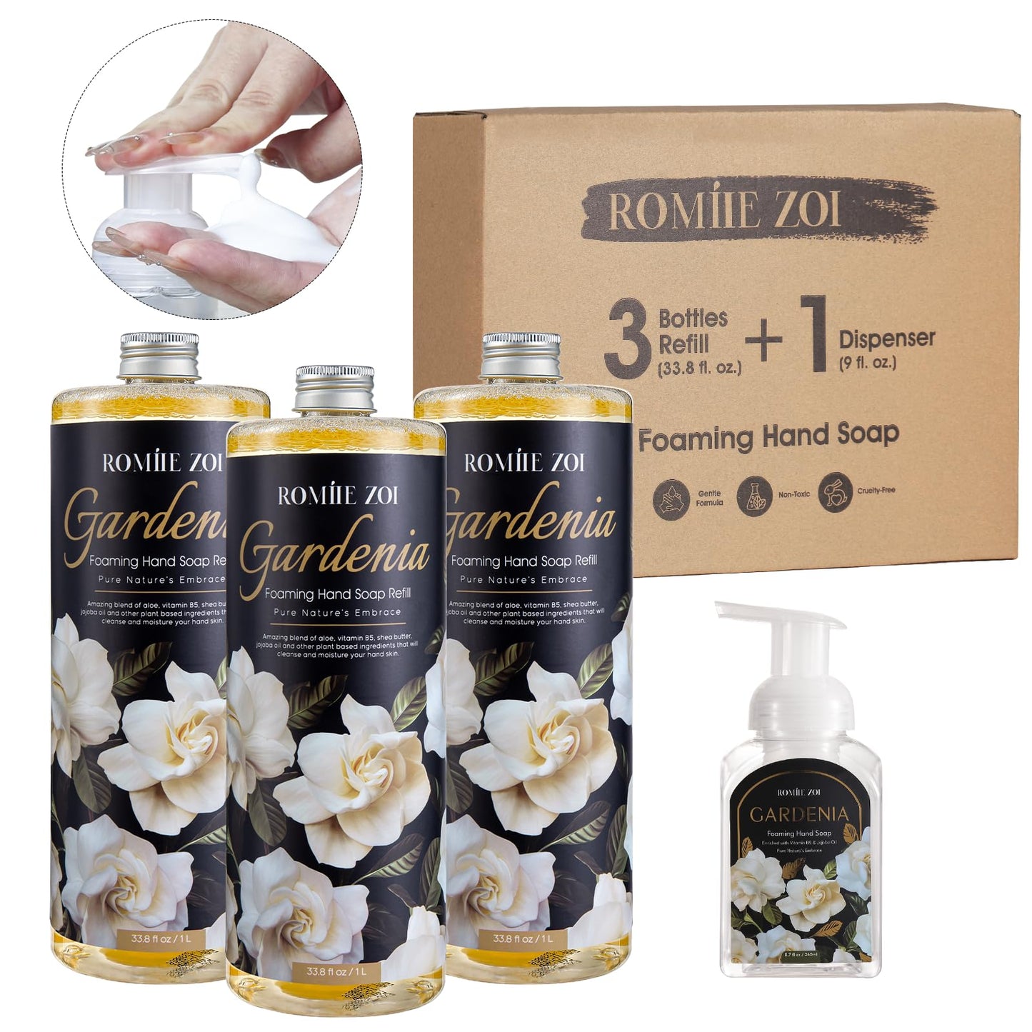 ROMIIE ZOI Foaming Hand Soap Refill Set, Gardenia, 33.8 Fl Oz, 3-Pack