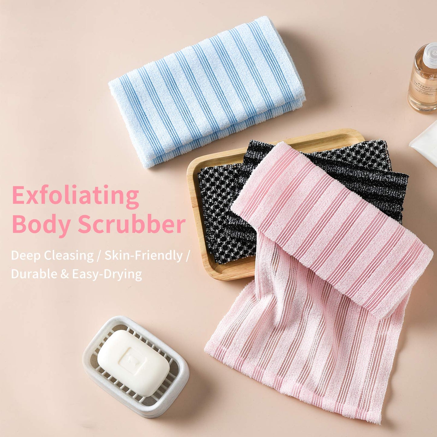 Yiclick Exfoliating Body Scrubber, Back Scrubber for Shower Bath, Japanese Scrub Wash Cloth, Exfoliating Washcloth Towel for Men Women, Body Exfoliator Loofah Luffa Sponge Net Rag Back Washer (Pink)