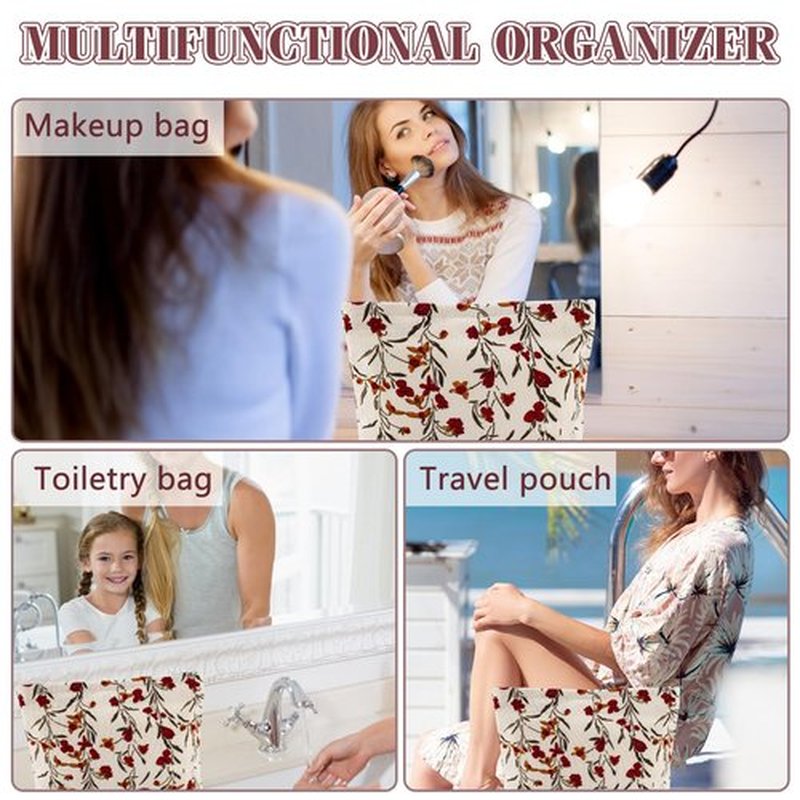 ZLFSRQ Red Flower Makeup Bag Travel Cute Floral Cosmetic Bags for Women Large Floral Makeup Pouch Zipper Cosmetic Pouch for Purse Aesthetic Makeup Organizer Bag Portable Toiletry Bag