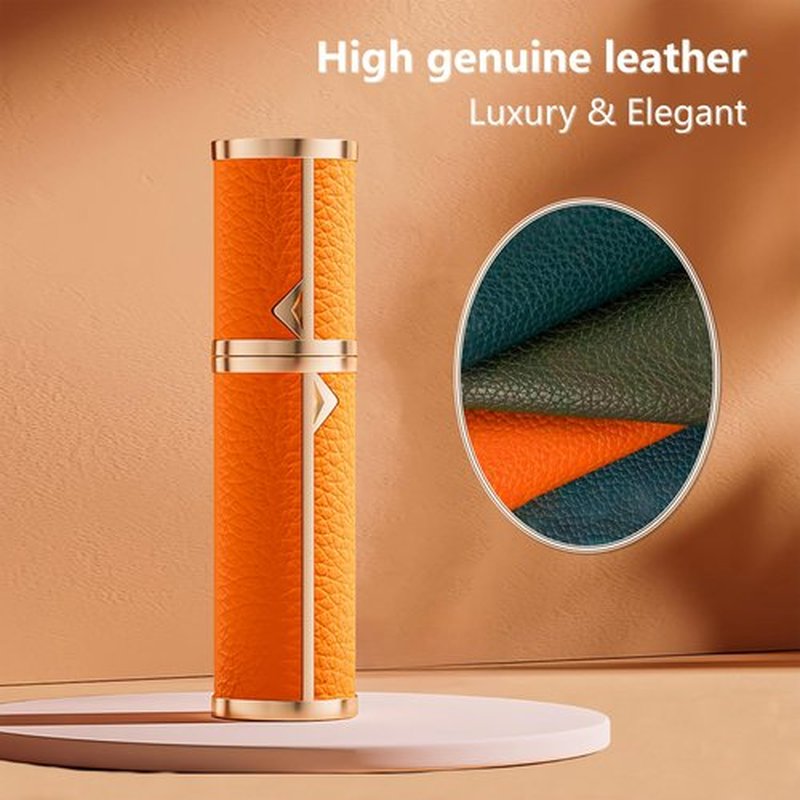 Fiwecos Perfume Travel Refillable Bottle Cologne Portable Atomizer Genuine Leather Fragrance Scent Sprayer Pump Fill from Bottom Mini Pocket Size 5ml for Travel Essentials & Best Gift (Orange)
