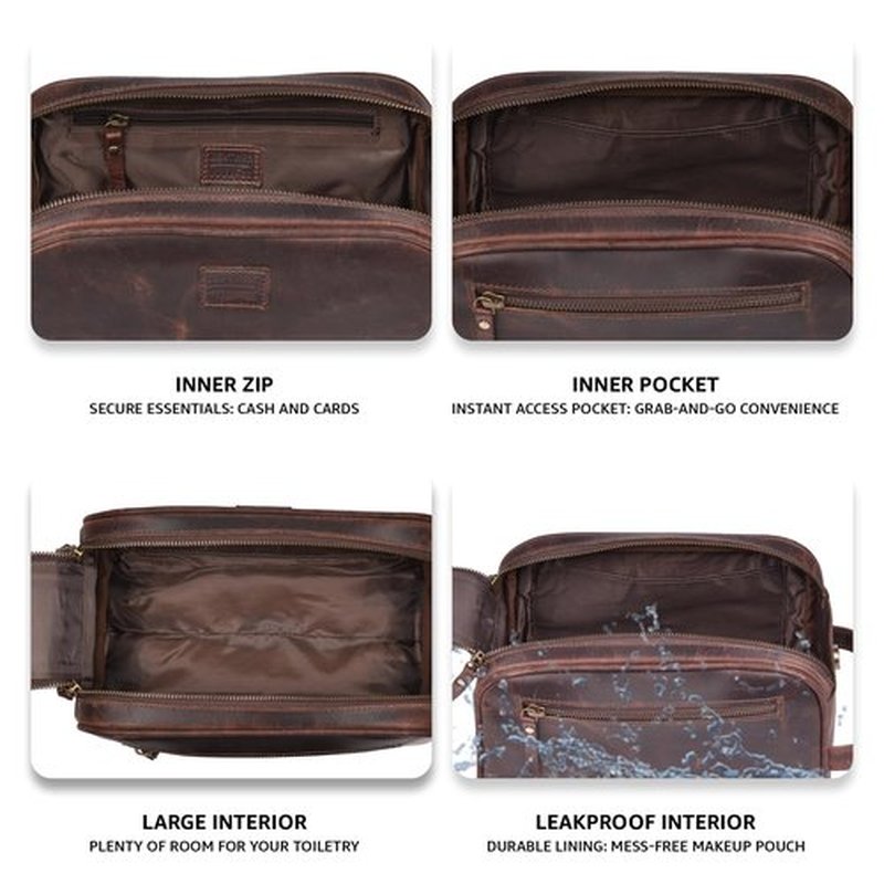 LEATHER VILLAGE Premium Leather Toiletry Travel Pouch With Waterproof Lining - Dark Brown | King-Size Handcrafted Vintage Dopp Kit Bag
