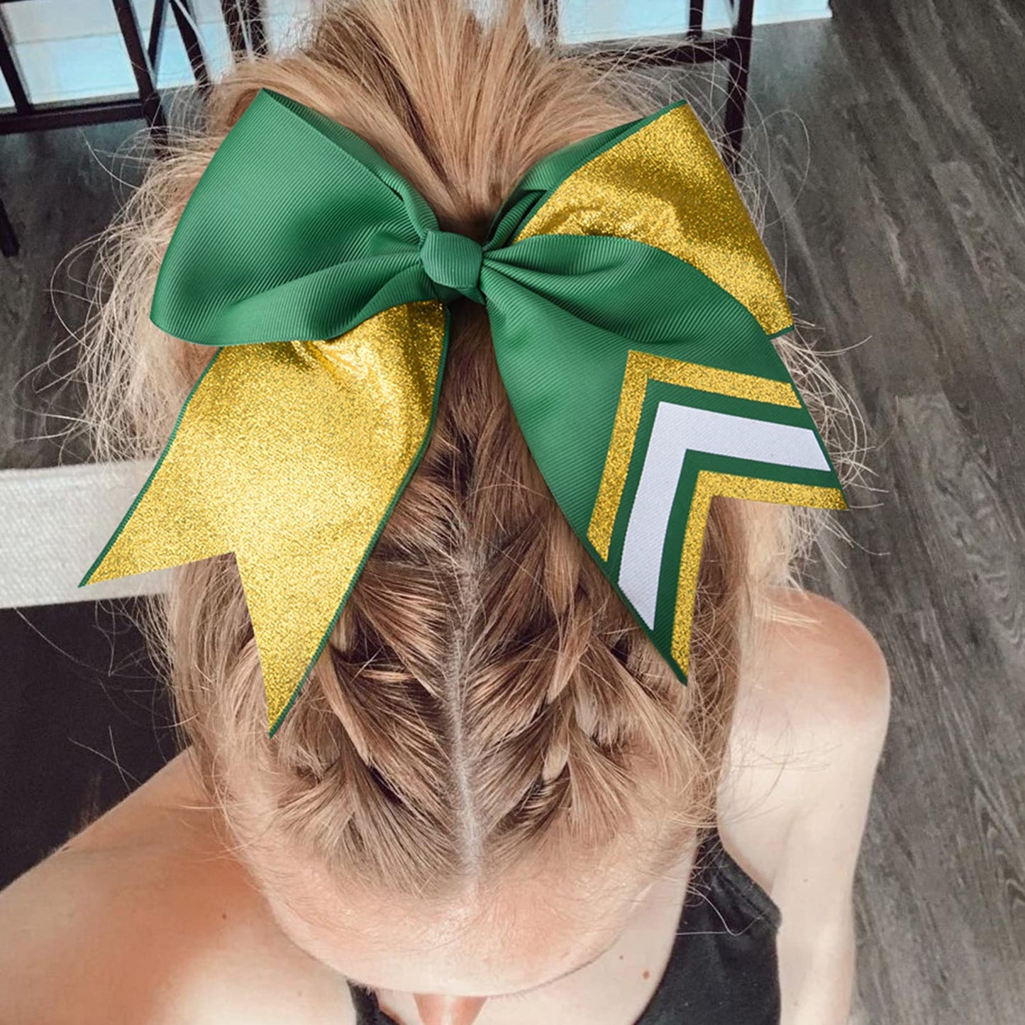 DEEKA 8PCS 8" Two Toned Large Glitter Cheer Bows Shiny Cheer Hair Bows Ponytail Holder Handmade for Cheerleader Girls Softball Sports -g Gold/Green