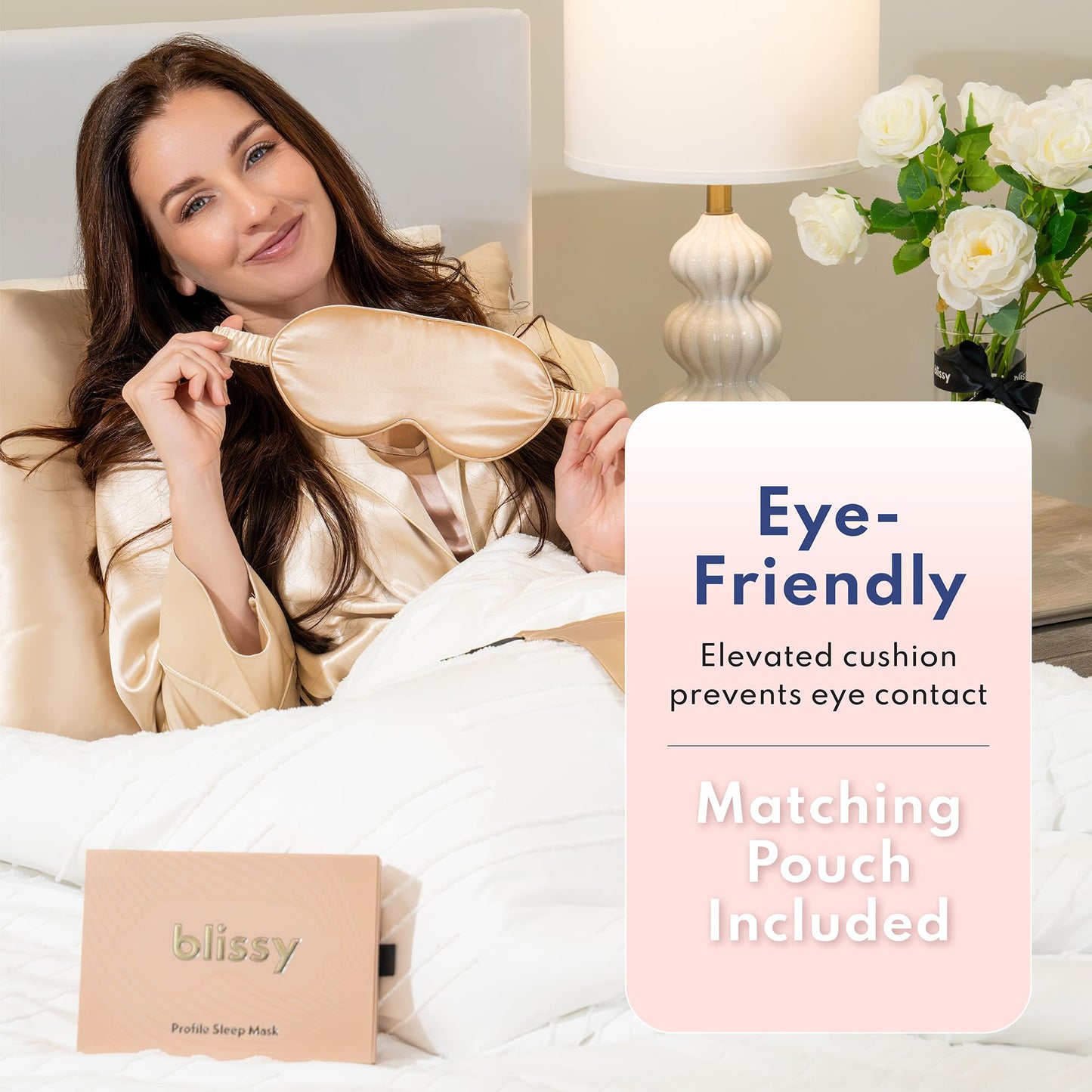 Blissy Silk Sleep Mask Profile - 100% Pure Mulberry Silk 22 Momme 6A Fibers Silk Eye Sleeping Mask for Women & Men for Total Blackout - Blindfold Silk Sleep Mask Side Sleeper Eye Cover (Champagne)
