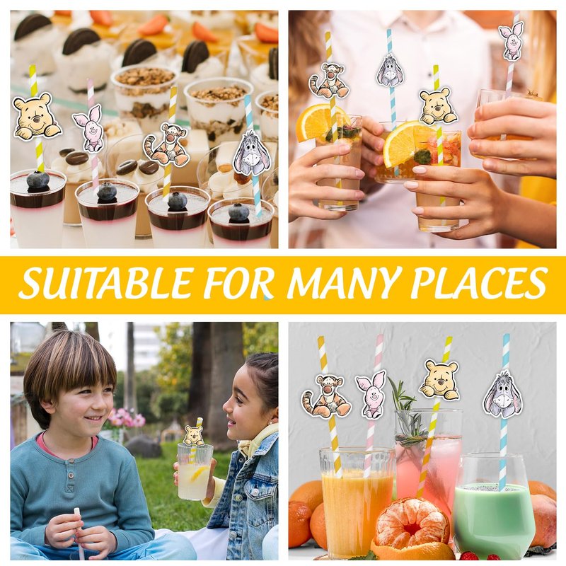 40 Pcs Winnie Baby Shower Decorations, Pooh Party Decorations, The Pooh Baby Shower Decor, Winnie Striped Paper Straws Disposable Drinking Straws, Bear Straws for Wedding Birthday New Year Party