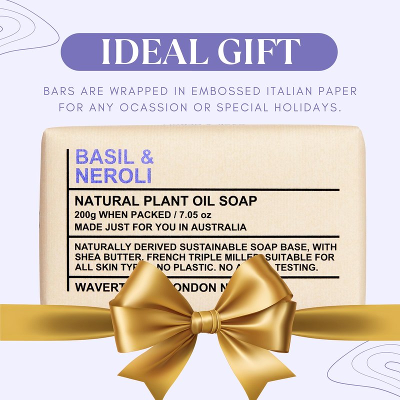 Wavertree & London Basil & Neroli Scented 100% Natural Soap Bar, 7oz Moisturizing French Triple Milled Soap Bar for Women & Men Enriched with Shea Butter, Pure Bath & Body Soap (1 Bar)