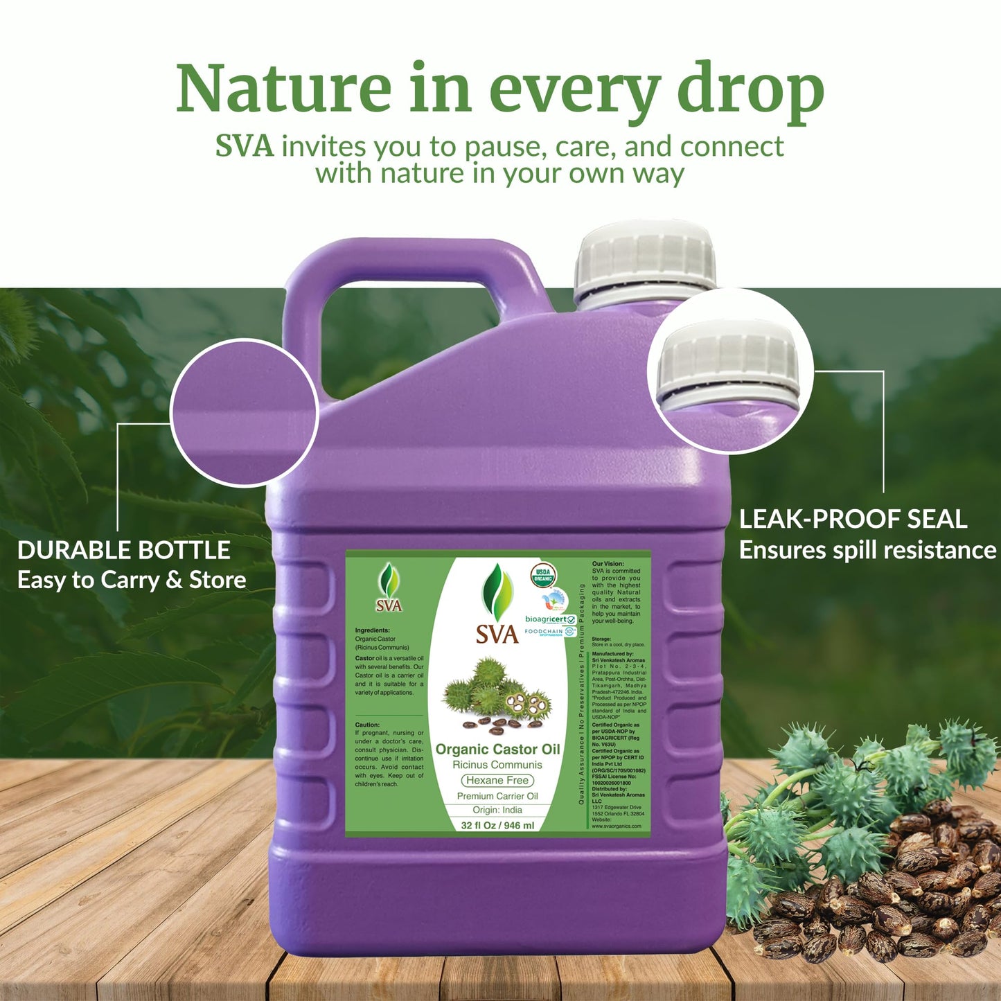 SVA Organic Castor Seed Carrier Oil, Large Size, 32 Oz (946 ml)
