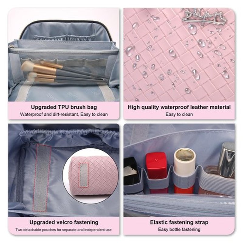 Travel Makeup Bags Cosmetic Organizer Bag: Large Capacity Make up Bag Set of 3 - Vegan Leather Toiletry Bag for Women - Portable Makeup Organizer with Compartments & Handle & Divider (1 Violet)